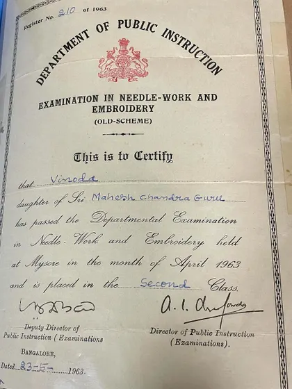 This is my mother's certificate for passing the Departmental Examination in Needle-Work and Embroidery in 1963. I am so proud of the legacy she has given me.