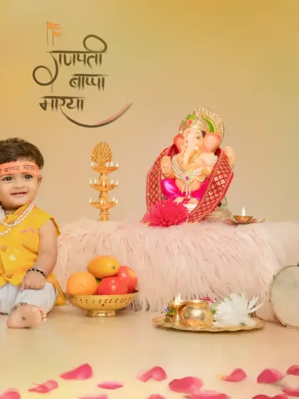 This little boy in a yellow kurta poses happily with the Ganpati idol. The studio setup is decorated with flower petals and traditional instruments for an authentic feel.