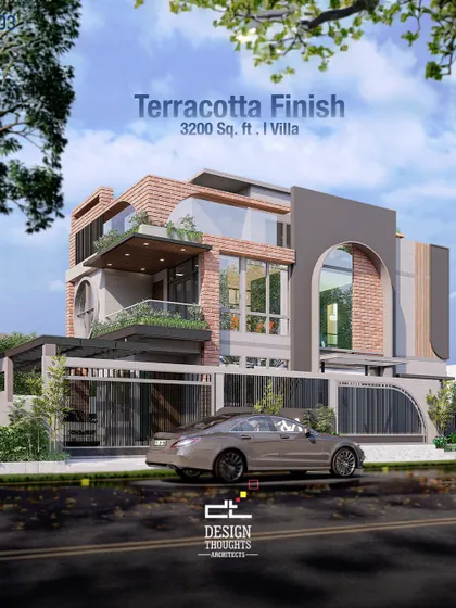 Another perspective of the 3200 sq. ft. villa, showcasing its terracotta finish and modern interpretation of Spanish colonial revival architecture. The open-plan layout is designed for comfort and luxury.