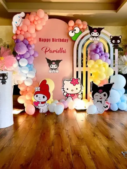 A purr-fectly sweet Hello Kitty and Kuromi theme for Paridhi's 8th birthday. We combined the cuteness of Hello Kitty with the edgy charm of Kuromi, using pastel balloons, character cutouts, and a light-up number "8".