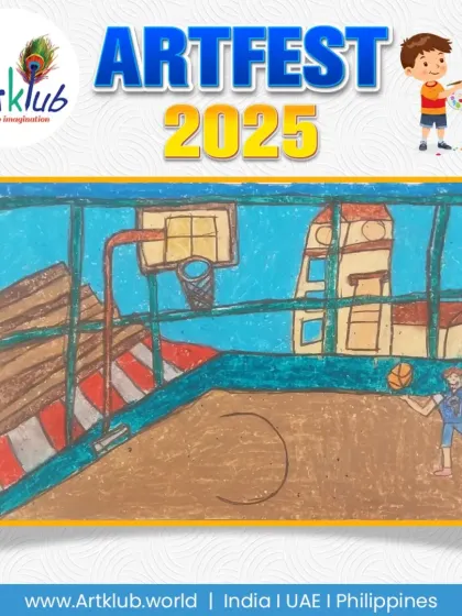 A basketball game in progress, with a clock tower visible through the window, by a junior artist.