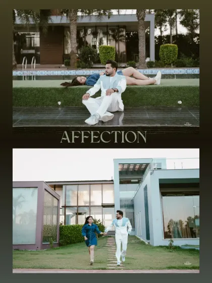 A stylish diptych showing the couple in relaxed poses outside a modern home, capturing a feeling of comfortable affection.