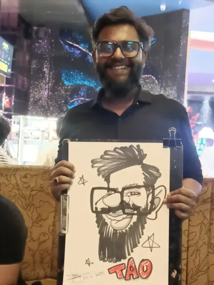 A very happy architect with his caricature. The stars add a touch of fun and personality.