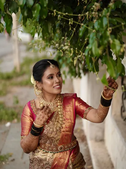 A playful, candid shot that captures the bride's personality. The makeup is versatile enough to look great in both formal and informal settings.