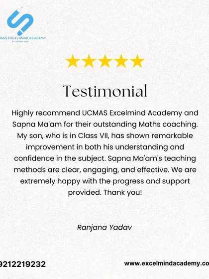 Ranjana Yadav highly recommends our academy for outstanding Maths coaching, highlighting her son's remarkable improvement in understanding and confidence.