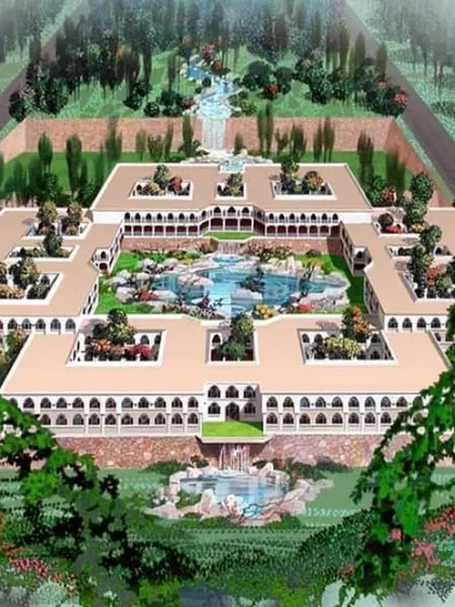 This conceptual render for the Sher-E-Kashmir University of Agricultural Sciences shows buildings planned around large courtyards to maximize light and ventilation. The design incorporates green terraces and traditional Kashmiri architectural elements like arches and jaalis.