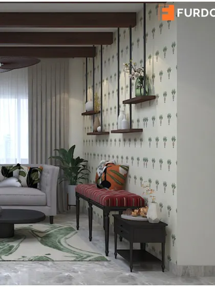 This living room corner is full of character, mixing industrial-style hanging shelves with a traditional bench and botanical-print wallpaper for a unique, eclectic look.