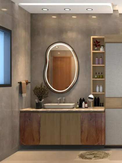 This master washroom in the Monochrome Oasis project is a serene retreat with earthy beige and brown tones and an organic-shaped LED mirror.