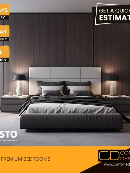 This is a promotional graphic I use to communicate my key promises: 45-day delivery, a 10-year warranty, and a free 3D design to start. It showcases a premium bedroom design with a dark wood panelled wardrobe.