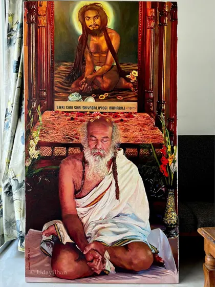 The large-scale oil painting shown in a home setting, giving a sense of its scale and the spiritual presence it can bring to a space.