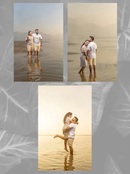 A collection of romantic moments captured in the golden light of a beach sunset, from a gentle lift to a quiet embrace in the water.