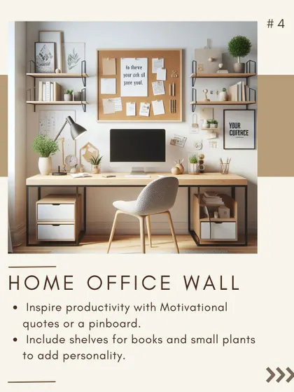 A home office wall should inspire productivity. I design these spaces with functional elements like a pinboard for ideas and open shelves for books and plants, creating a personalized and motivating workspace.