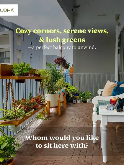 Cozy corners, serene views, and lush greens. This balcony is the perfect place to unwind, featuring a mix of hanging planters, a comfortable bench, and beautiful wooden deck flooring.