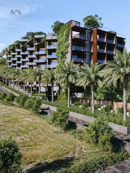A render of the Westin Nashik's terraced structure. The building's form follows the natural slope of the land, with each level offering private outdoor spaces and lush plantings.