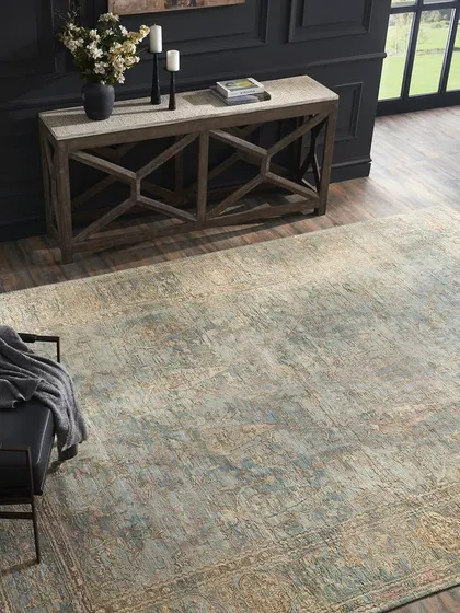 An overhead shot of a living room, giving a full view of a large, distressed-finish area rug. This perspective is perfect for showing the scale and overall pattern of the rug within a space.