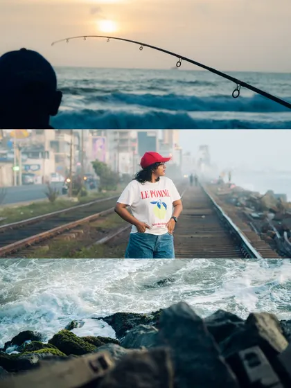 A collage of scenes from Galle Face Beach in Colombo, capturing the essence of life by the sea, from fishing at sunset to walking along the coastal railway tracks.
