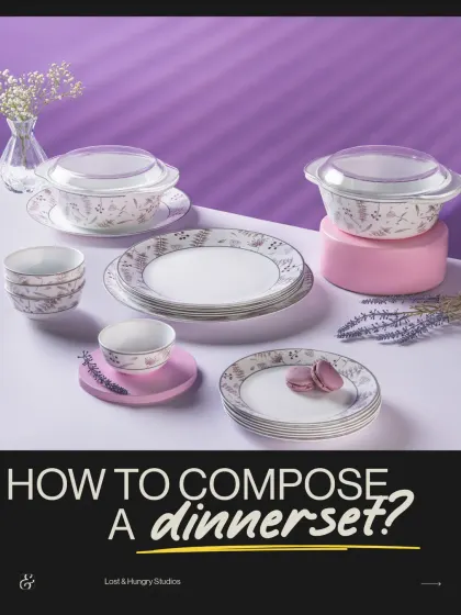 A full composition of a lavender-themed dinner set from Borosil. This image shows customers how all the pieces can be styled together, providing inspiration and showcasing the entire collection.