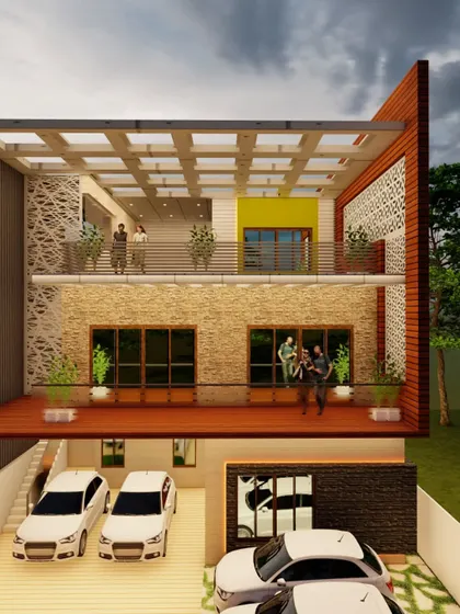 A unique cross-section view of a home design, revealing the spacious multi-car garage on the ground floor and the open-air terraces on the levels above.