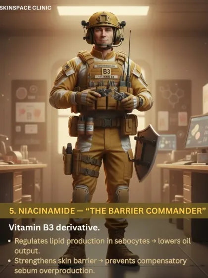 Niacinamide is "The Barrier Commander." This Vitamin B3 derivative helps regulate lipid production to lower oil output and strengthens the skin barrier, preventing the compensatory overproduction of sebum.