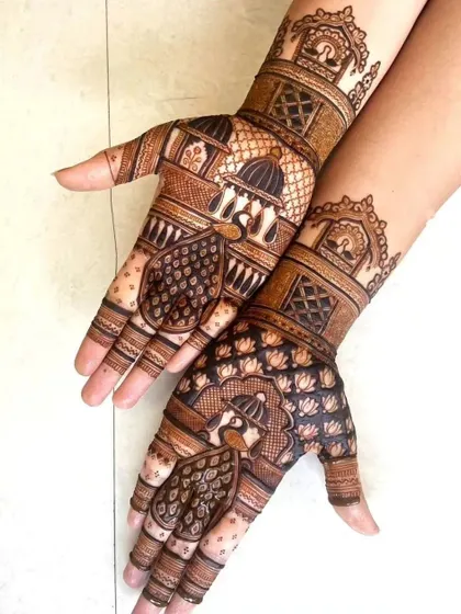 This classic peacock and dome design is a popular choice for festivals. It is elegant, traditional, and provides a beautiful dark stain for your special day.