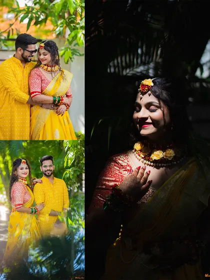 A collage from a Haldi photoshoot, including a dramatic shot of the bride in the shadows and romantic couple portraits.