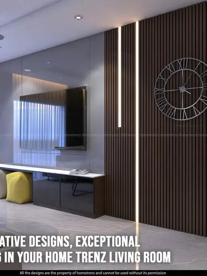 A TV unit design that plays with vertical lines. The combination of dark wood fluting and integrated LED strips creates a visually interesting and modern feature wall.