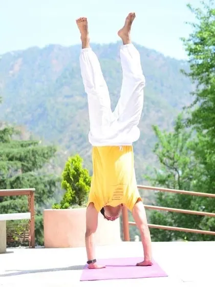 A teacher demonstrates a handstand, showcasing the high level of practice and dedication that our faculty brings to the Teacher Training Course.