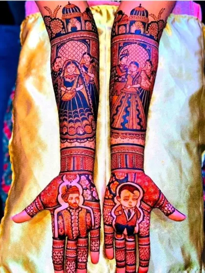 A fun and unique take on portrait mehndi, this design features cartoon-style figures of the couple, showcasing my versatility in different artistic styles.