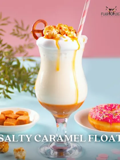 A Salty Caramel Float. This dessert cocktail is pure indulgence, topped with pretzels and popcorn for a sweet and salty crunch.