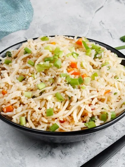 Another look at our Vegetable Fried Rice, showing the mix of rice and fine noodles that we include for extra texture.