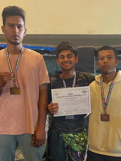 Mithun, Anmol, and Kushal after their performance at the 7th Bangalore MMA Championship. Their hard work is paying off, and they are on their way to becoming top athletes.