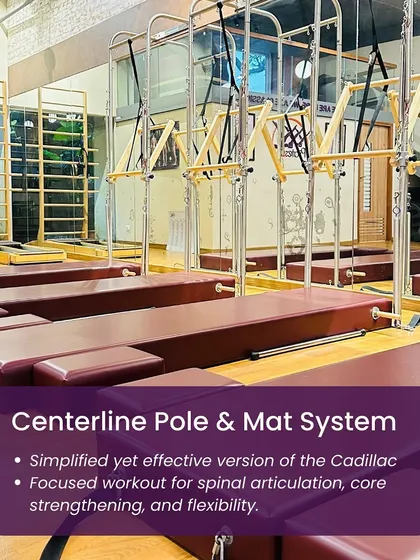 The Centerline Pole & Mat System is a simplified yet effective version of the Cadillac. It allows for a focused workout targeting spinal articulation, core strengthening, and flexibility.