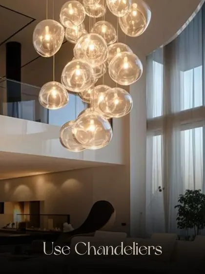 Design Tip: Use statement chandeliers to create a dramatic focal point and add a layer of ambient lighting that enhances the entire room's atmosphere.