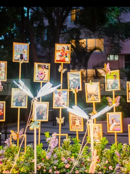 A unique photo gallery display at a butterfly-themed party. Pictures of the birthday child are framed and interspersed with butterfly cutouts, creating a personal and heartwarming decor element.