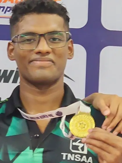 A close-up of Nithik Nathella with his record-breaking relay gold.