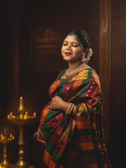 A peaceful and serene portrait of a mom-to-be in a colorful silk saree, surrounded by the warm glow of traditional lamps.