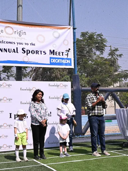 Our chief guest and a parent address the crowd at the opening of the sports meet.