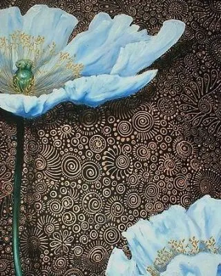 This artwork combines detailed pattern work with floral painting, creating a rich visual texture. We explore various methods for adding depth and intricate backgrounds to your pieces.