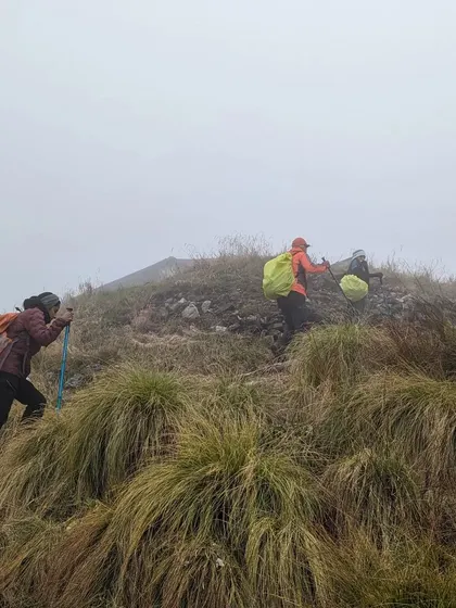 Climbing steep, grassy slopes in the Annapurna region. This image shows the physical challenge and determination involved in reaching the base camp.