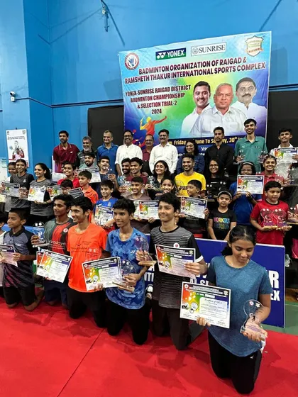 A group photo of all the winners at the Yonex-Sunrise Raigad District Championship. It's inspiring to see so many young talents.