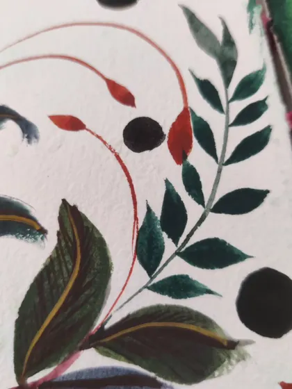 A close-up detail of the leaves and buds in my gouache composition.