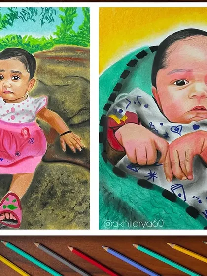 This A2 size artwork features two separate portraits of a baby at different stages. It's a wonderful way to see how much they've grown, all in one beautiful piece.