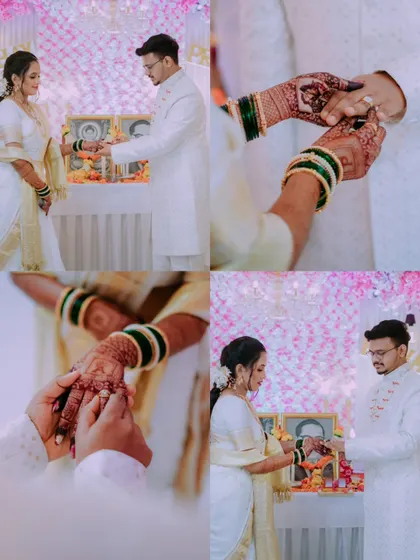 A collage detailing the ring exchange ceremony, a symbol of their lifelong promise to each other.