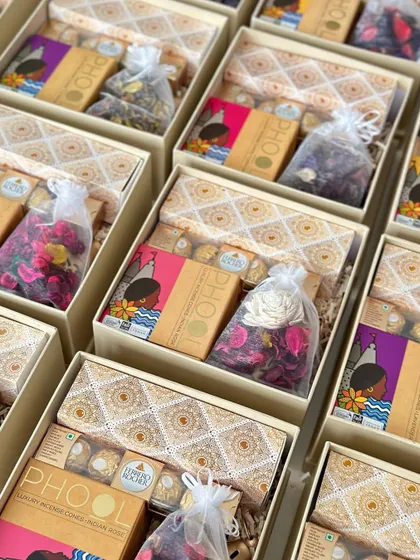 Another angle of the BDI Plus corporate order, showing the neatly arranged Phool incense and potpourri bags.
