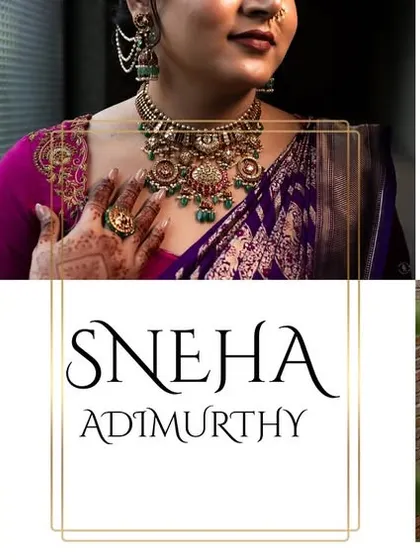 A collage dedicated to the bride, Sneha, showcasing her beautiful purple saree and elegant poses from her engagement day.