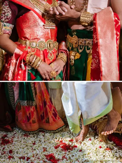 Detail shots of the intricate waist belts (Oddiyanam) and floral arrangements on the floor, showcasing the level of detail in the wedding's styling.
