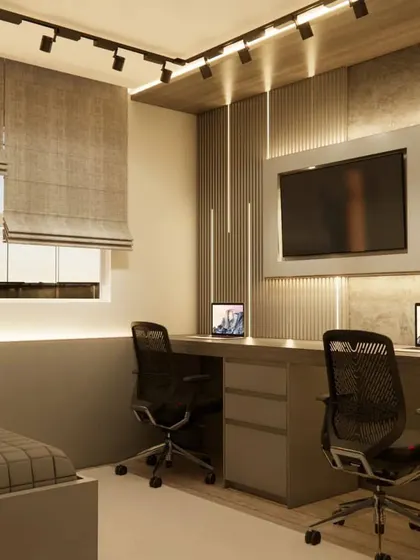This angle of the home office highlights the textured accent wall and the effective use of both ambient and task lighting.