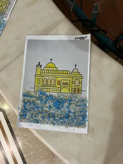 A beautiful piece of art from our spring camp, inspired by Indian architecture and created with colorful materials.