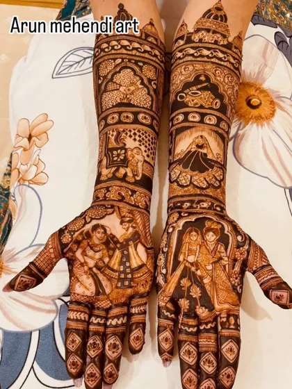 A beautiful design with multiple wedding scenes, including a varmala ceremony and a doli.