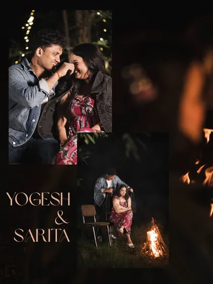 A romantic collage from a nighttime pre-wedding shoot, featuring a couple sharing tender moments by a warm campfire.